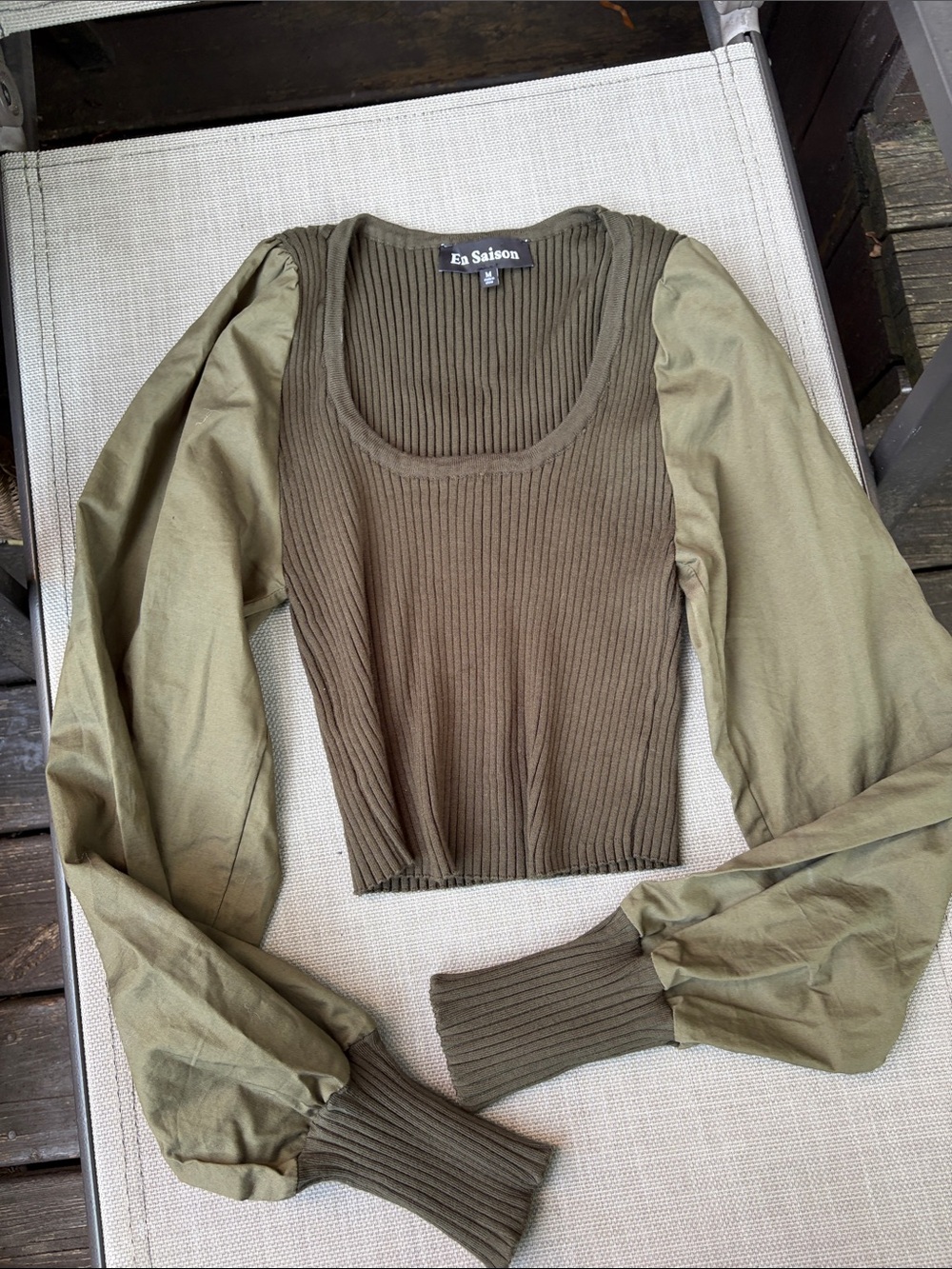 En Saison Olive Ribbed Scoop-Neck Top with Balloon Sleeves